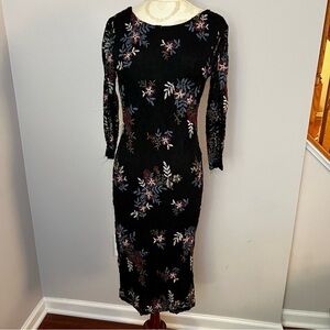Bisou Bisou Women Size 6 Black Floral Dress Long Sleeves Lace Zippered Midi